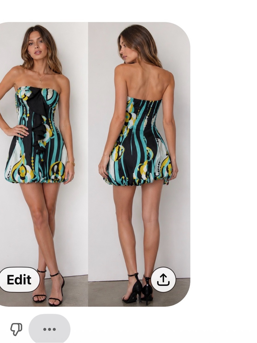 bebe Black, Teal & Yellow Strapless Printed Bubble-Hem Mini Dress